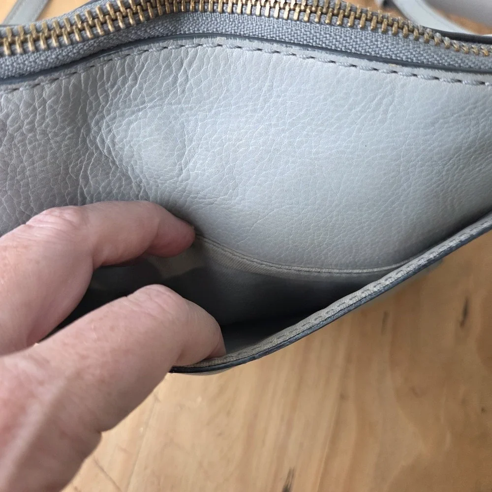 Fossil Gray Leather Crossbody Bag Soft Pebbled Leather Zip Top Key Charm...